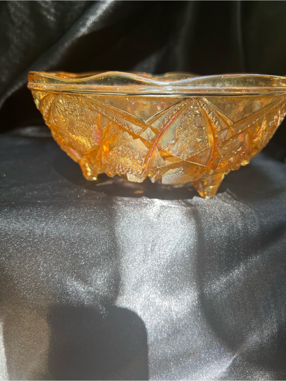 Vintage Federal Carnival Glass Bowl Footed Marigold Hobstar & File Pattern